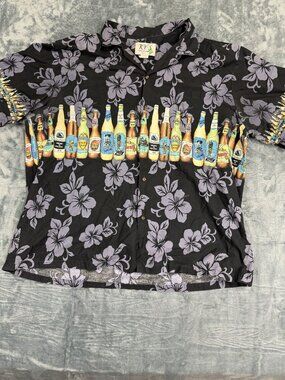 Hawaiian Beer Bottle Print Mens Shirt Black Floral Made In Hawaii 3XL